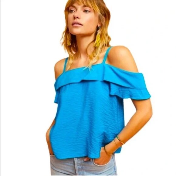 Anthropologie Maeve Off-Shoulder W/Spaghetti Straps Ocean Blue Blouse. Sz: XS - Picture 2 of 9